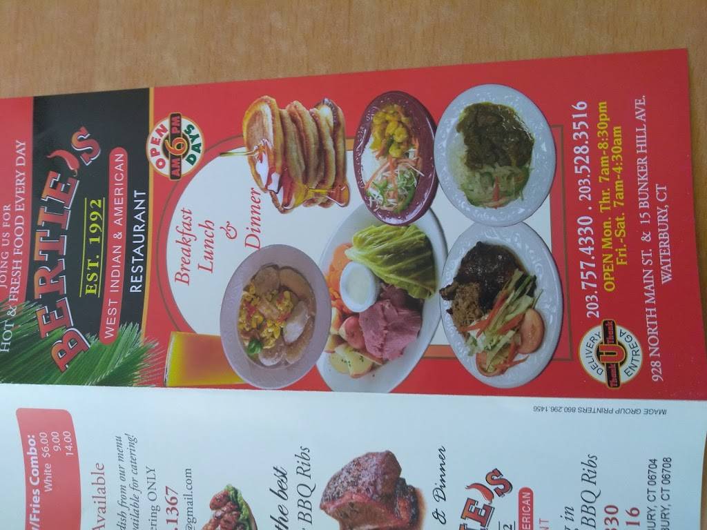 Berties West Indian & American Restaurant | restaurant | 928 N Main St, Waterbury, CT 06704, USA | 2037574330 OR +1 203-757-4330