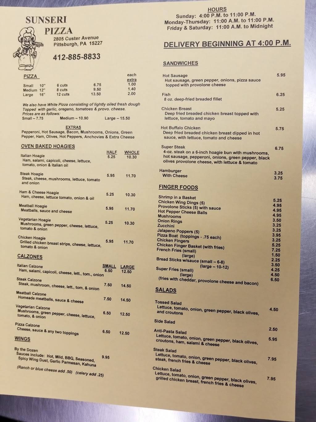 Sunseri Pizza | restaurant | 2805 Custer Ave, Pittsburgh, PA 15227, USA | 4128858833 OR +1 412-885-8833