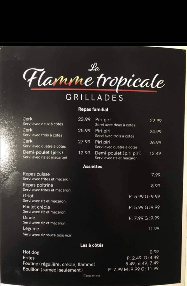 La Flamme Tropicale | restaurant | 11810 Boulevard Rivière-des-Prairies, Montréal, QC H1C 1P9, Canada | 5145435483 OR +1 514-543-5483