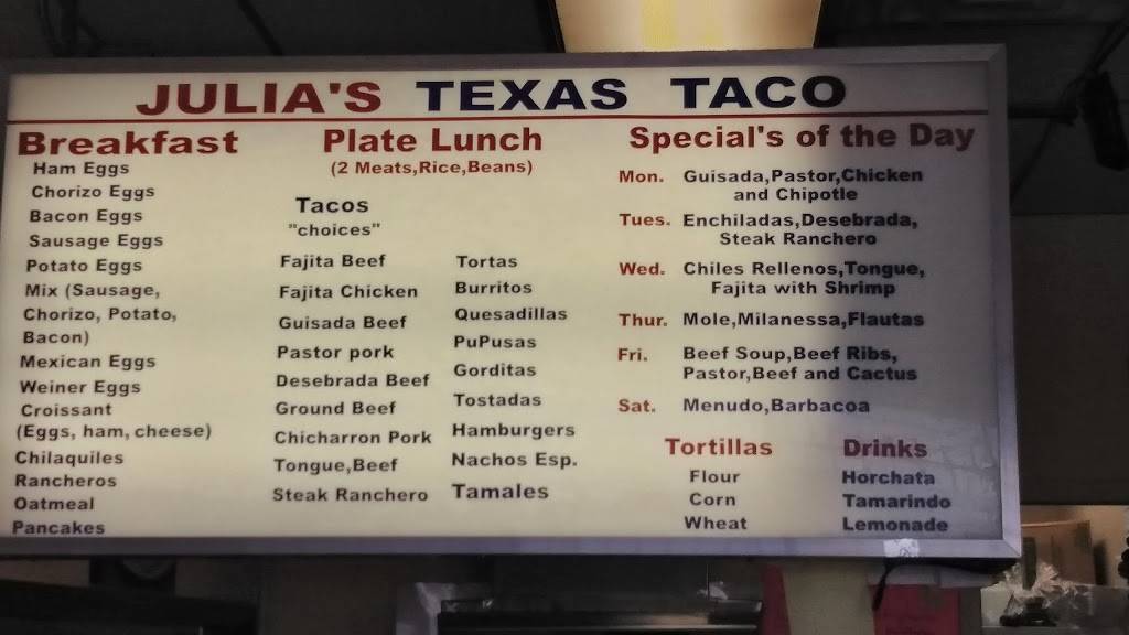 Julias Texas Taco | restaurant | 5792 Bingle Rd, Houston, TX 77092, USA | 7138128226 OR +1 713-812-8226