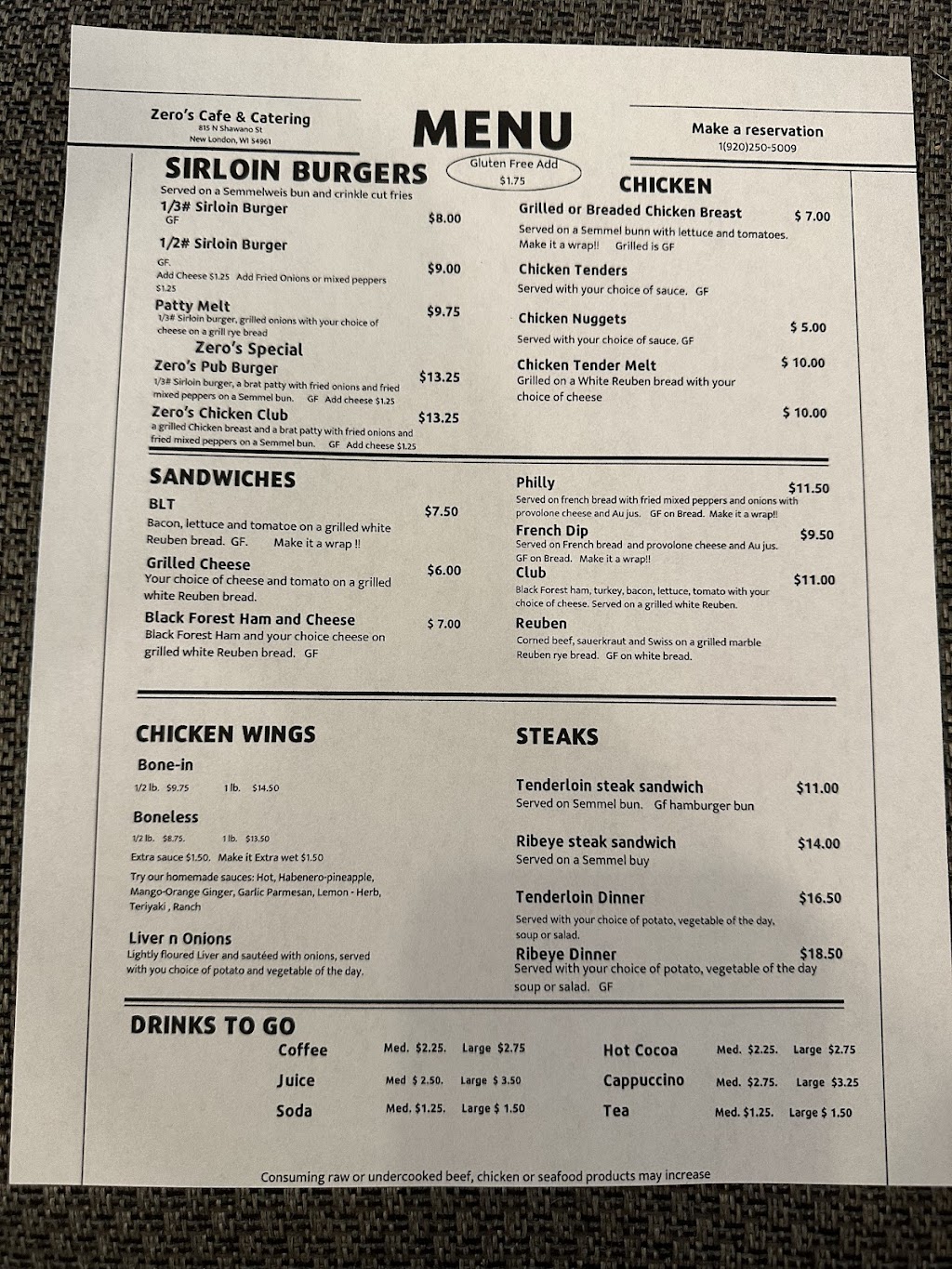 Zero’s Cafe & Catering | restaurant | 815 N Shawano St, New London, WI 54961, USA | 9202505009 OR +1 920-250-5009