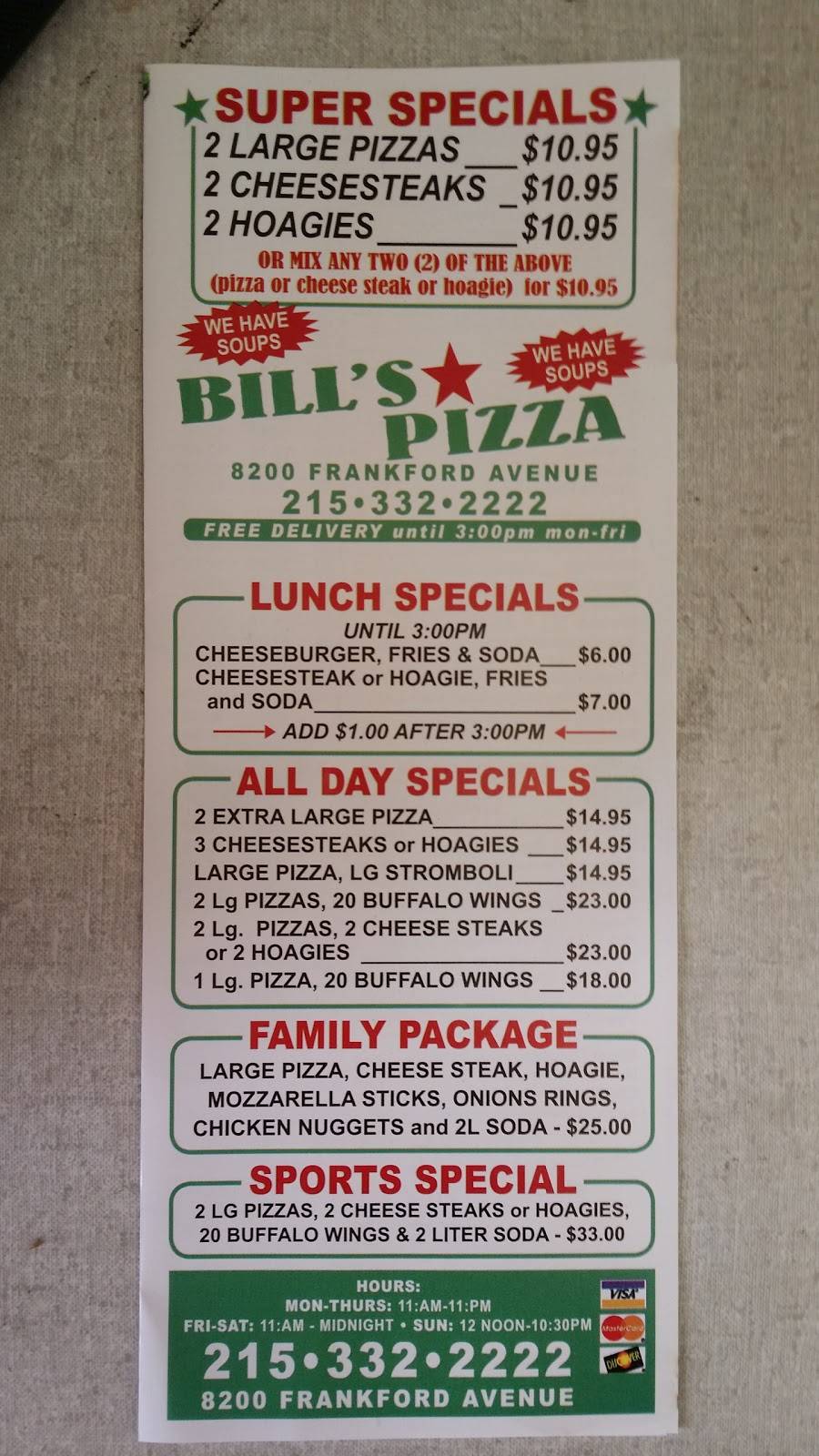 Bills Family Pizza | restaurant | 8200 Frankford Ave, Philadelphia, PA 19136, USA | 2153322222 OR +1 215-332-2222