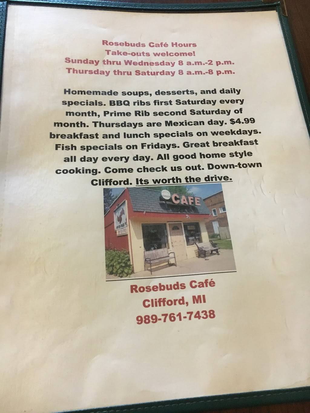 Rose Buds Cafe LLP | restaurant | 9653 Main St, Clifford, MI 48727, USA | 9897617438 OR +1 989-761-7438