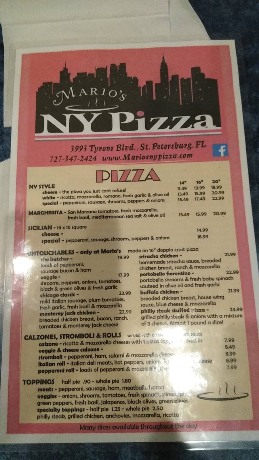 Marios NY Pizza | meal delivery | 3993 Tyrone Blvd N, St. Petersburg, FL 33709, USA | 7273472424 OR +1 727-347-2424