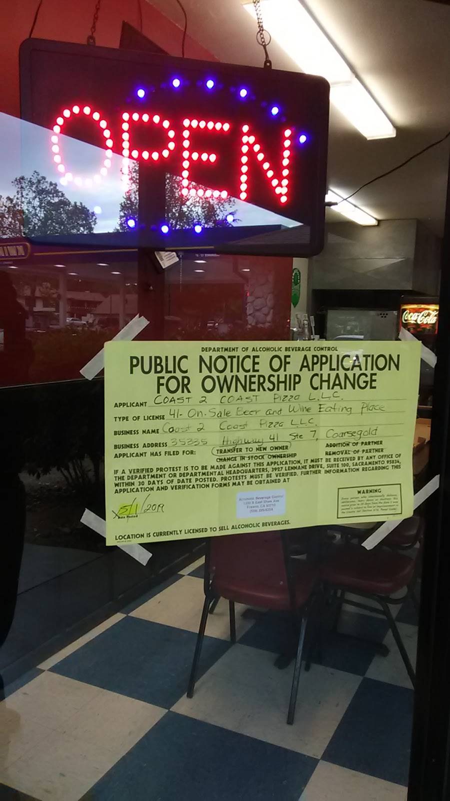 Coast 2 Coast Pizza | meal takeaway | 35335 CA-41, Coarsegold, CA 93614, USA | 5596834653 OR +1 559-683-4653