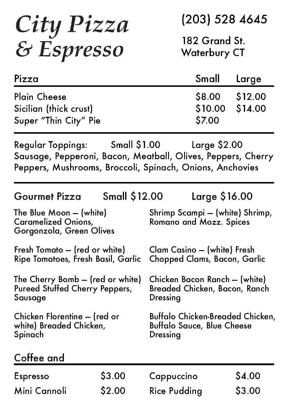 City Pizza & Espresso | restaurant | 182 Grand St, Waterbury, CT 06702, United States | 2035274591 OR +1 203-527-4591