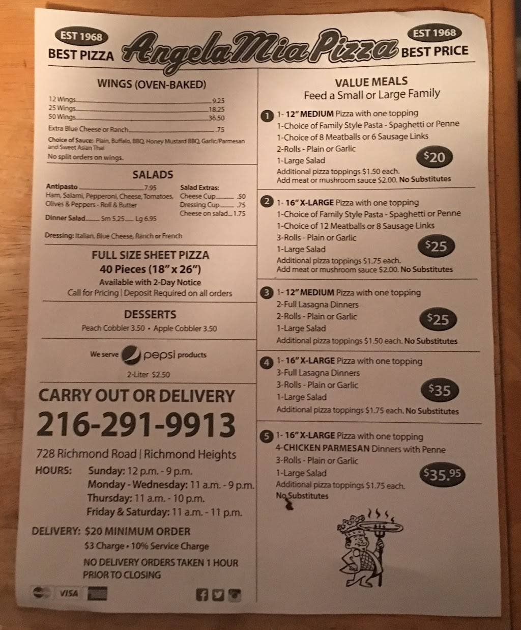 Angela Mia Pizza | restaurant | 728 Richmond Rd, Richmond Heights, OH 44143, USA | 2162919913 OR +1 216-291-9913
