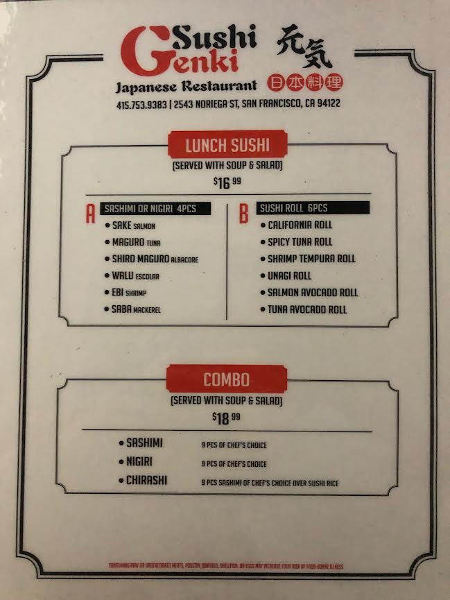 Sushi Genki | restaurant | 2543 Noriega St, San Francisco, CA 94122, USA | 4157539383 OR +1 415-753-9383