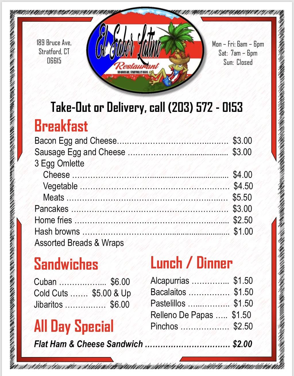 El Sabor Latino Restaurant LLC. | restaurant | 189 Bruce Ave, Stratford, CT 06615, USA | 2035720153 OR +1 203-572-0153