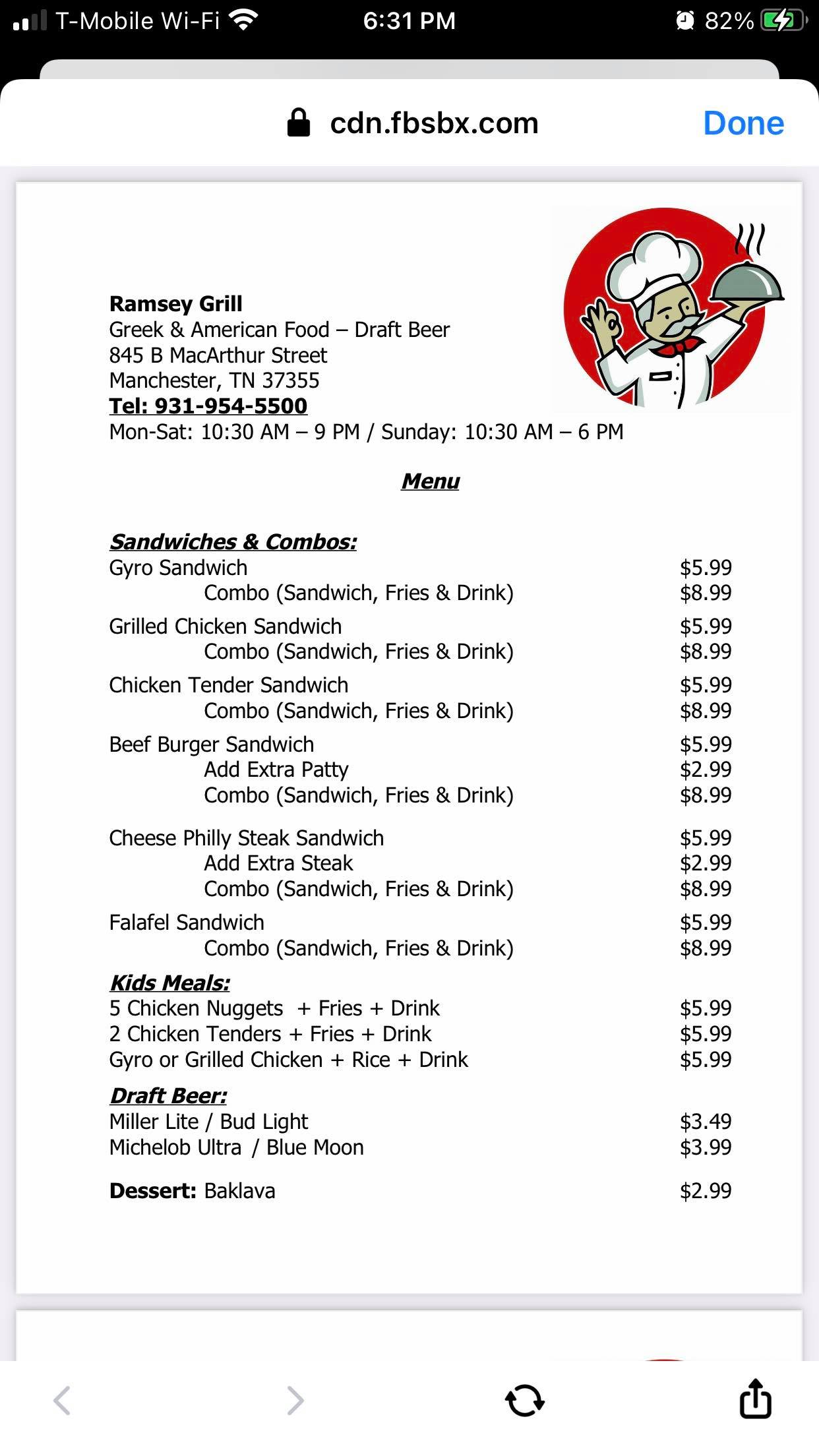 Ramsey Grill | restaurant | 845 McArthur St, Manchester, TN 37355, USA | 9319545500 OR +1 931-954-5500