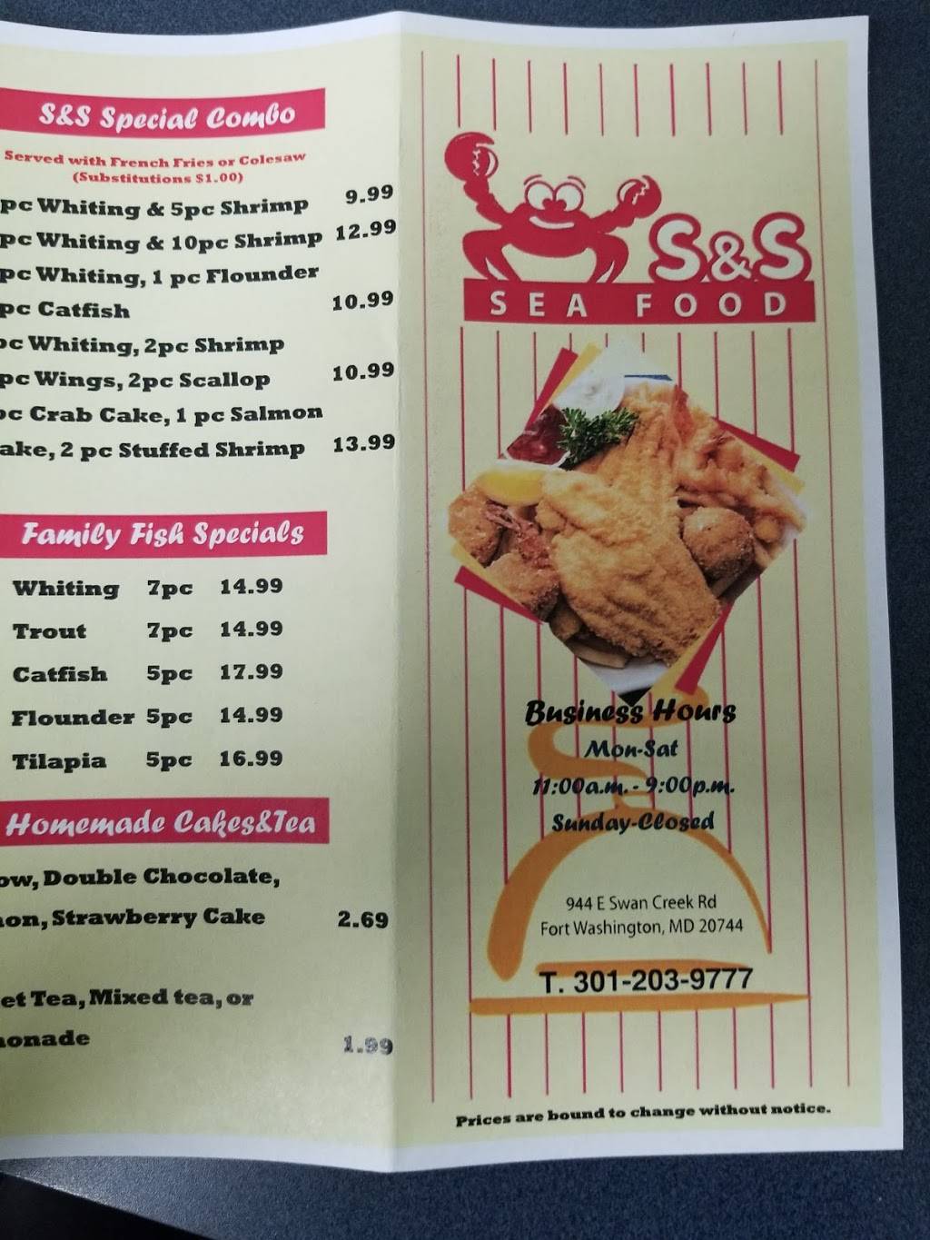 S & S Seafood | restaurant | 944 Swan Creek Rd E, Fort Washington, MD 20744, USA | 3012039777 OR +1 301-203-9777
