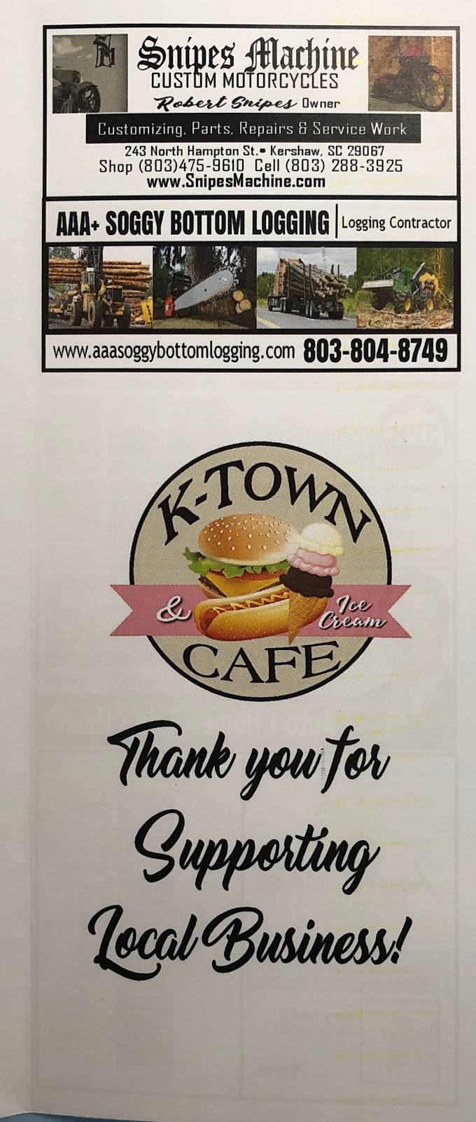 K-Town Cafe & Ice Cream | restaurant | 421 Hampton St, Kershaw, SC 29067, USA | 8034756700 OR +1 803-475-6700