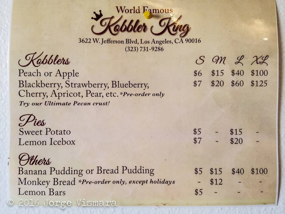 Kobbler King | restaurant | 3622 W Jefferson Blvd, Los Angeles, CA 90016, USA | 3237319286 OR +1 323-731-9286