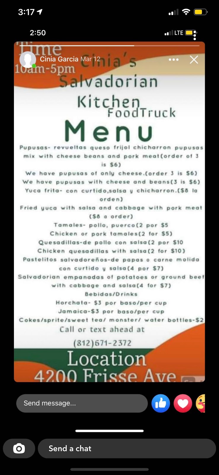 Cinias Salvadorian Kitchen Foodtruck | restaurant | 4200 Frisse Ave, Evansville, IN 47714, USA | 8126712373 OR +1 812-671-2373