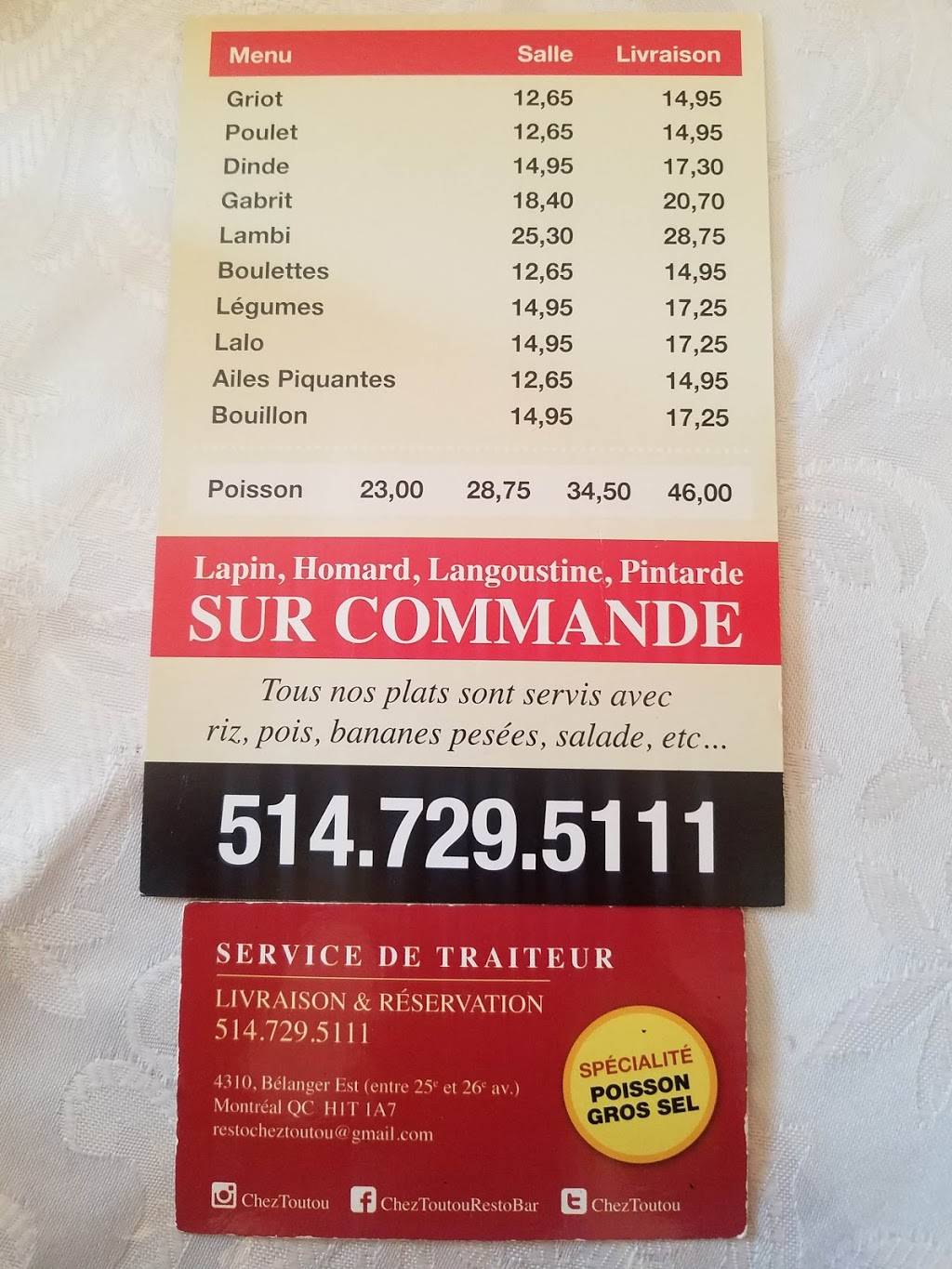 Chez Toutou Resto-bar | restaurant | 4310 Belanger Est, Montréal, QC H1T 1A7, Canada | 5147295111 OR +1 514-729-5111