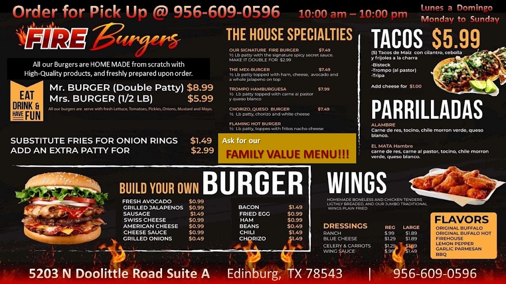 FIRE Burgers | restaurant | 5203 N Doolittle Rd Suit A, Edinburg, TX 78542, USA | 9566098183 OR +1 956-609-8183
