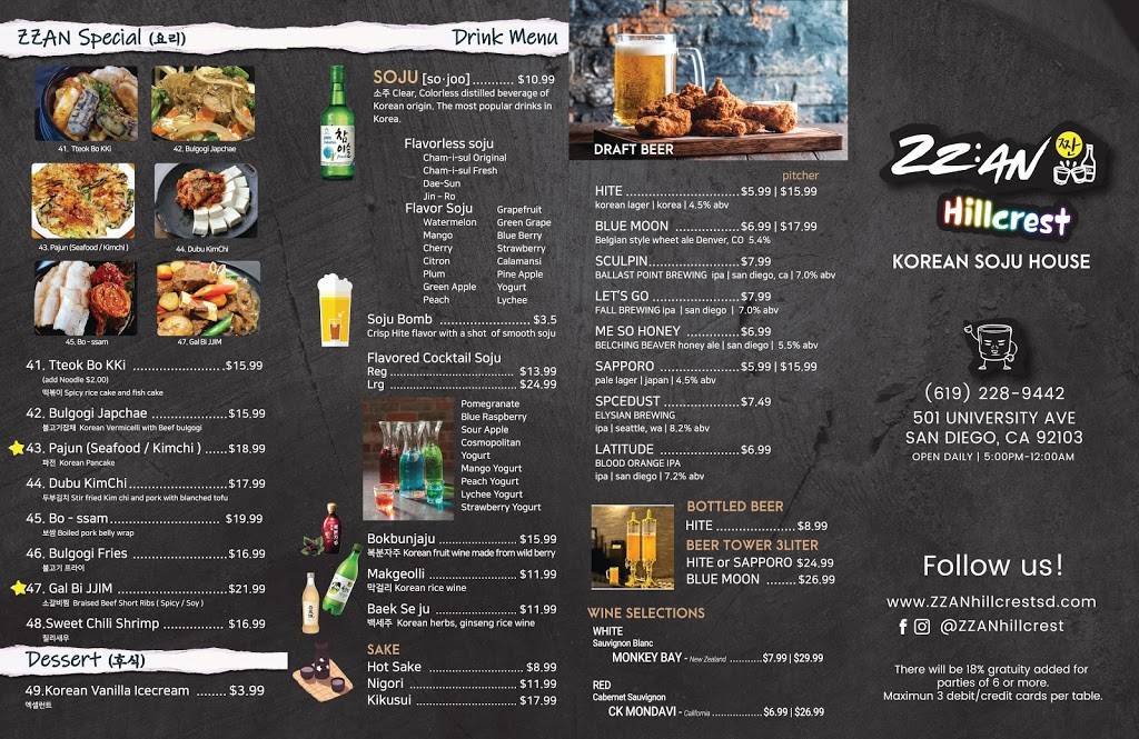 Zzan Hillcrest Korean Soju House | restaurant | 501 University Ave, San Diego, CA 92103, USA | 6192289442 OR +1 619-228-9442