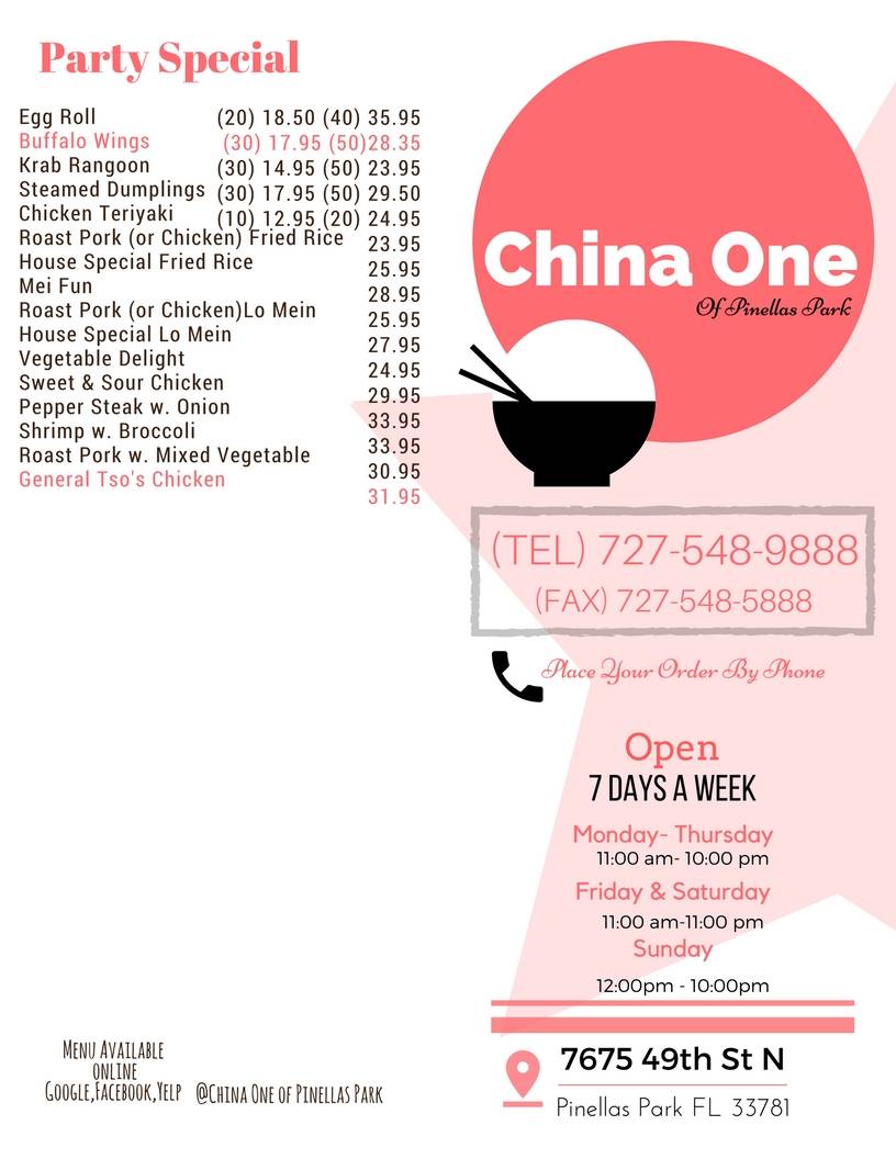 China One of Pinellas Park | restaurant | 7675 49th St N, Pinellas Park, FL 33781, USA | 7275489888 OR +1 727-548-9888