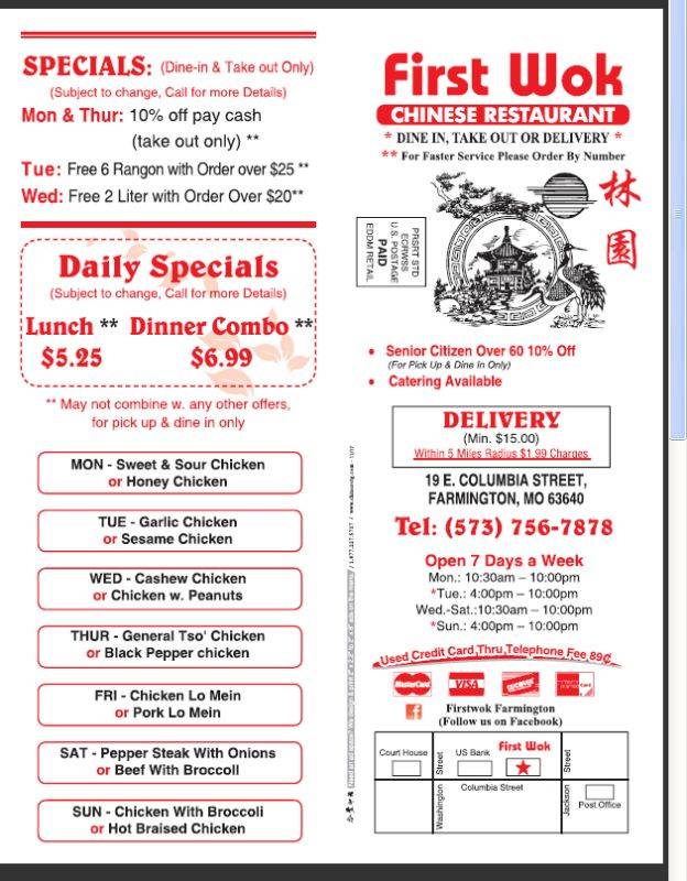 First Wok 573 | restaurant | 526 E Main St, Park Hills, MO 63601, USA | 5737567878 OR +1 573-756-7878