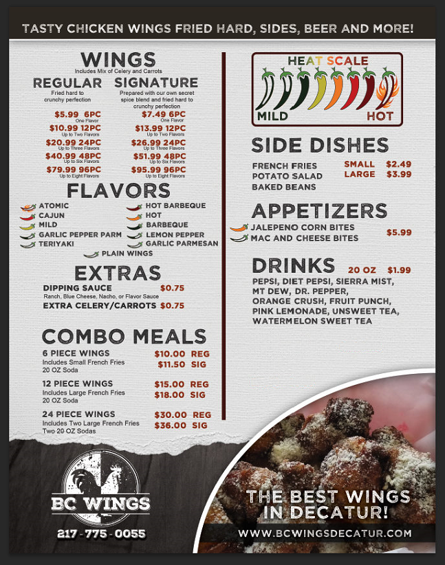 BC Wings | restaurant | 3790 E William Street Rd, Decatur, IL 62521, USA | 2177750055 OR +1 217-775-0055