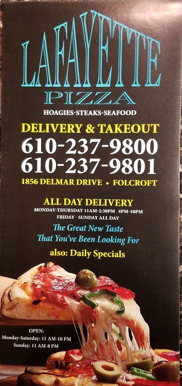 Lafayette Pizza | restaurant | 1856 Delmar Dr, Folcroft, PA 19032, USA | 6102379800 OR +1 610-237-9800