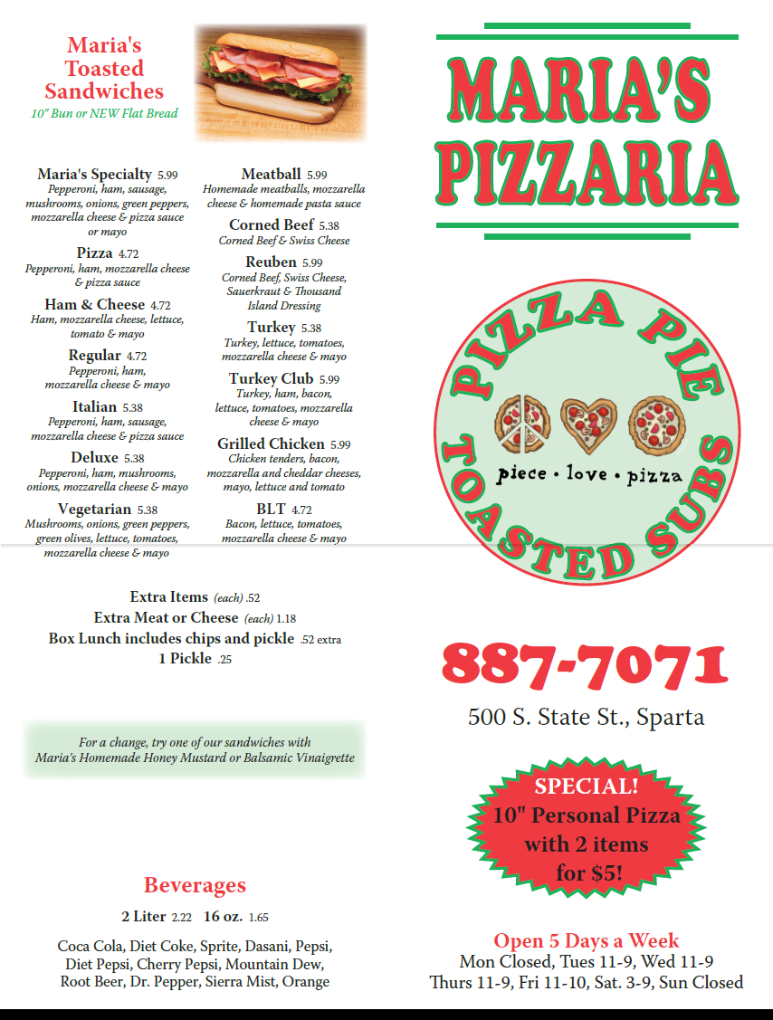 Marias Pizzaria | restaurant | 500 S State St, Sparta, MI 49345, USA | 6168877071 OR +1 616-887-7071
