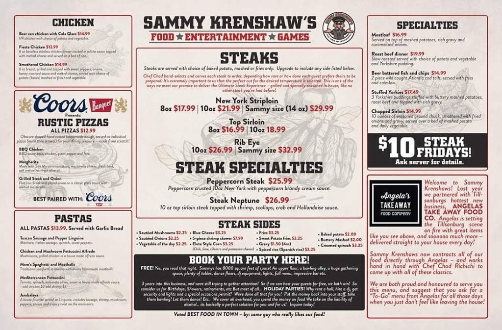 Sammy Krenshaws | restaurant | 51 Broadway, Tillsonburg, ON N4G 3P4, Canada | 5194090556 OR +1 519-409-0556