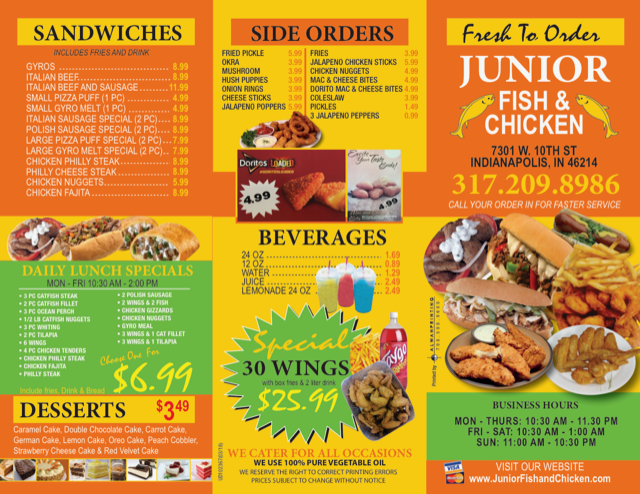 Junior Fish & Chicken | restaurant | 7301 W 10th St, Indianapolis, IN 46214, USA | 3172098986 OR +1 317-209-8986