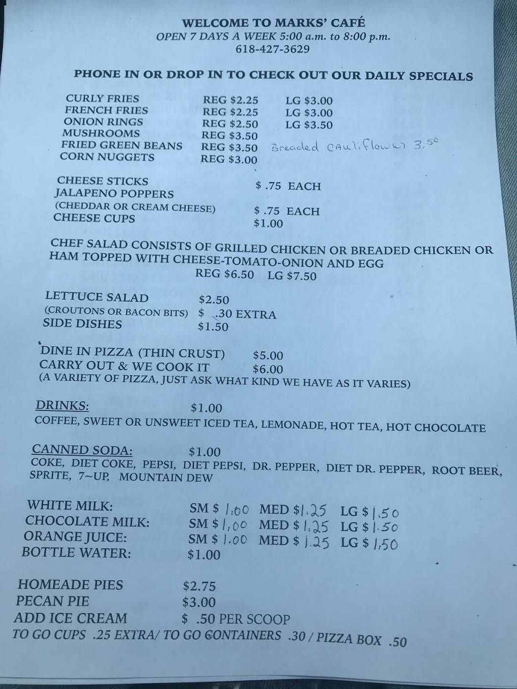 Marks Cafe | restaurant | 233 W Cumberland Rd, Brownstown, IL 62418, USA | 6184273629 OR +1 618-427-3629