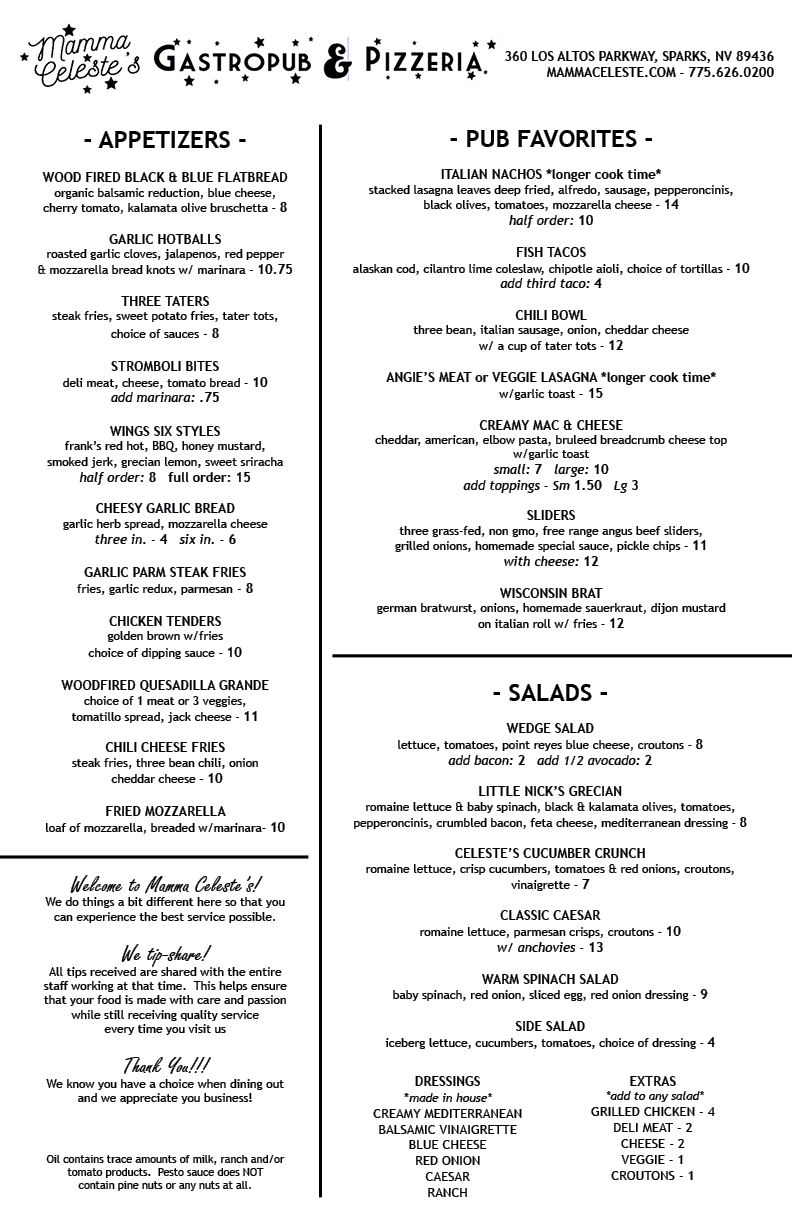 Mamma Celestes Gastropub & Pizzeria | restaurant | 360 Los Altos Pkwy suite 180, Sparks, NV 89436, USA | 7756260200 OR +1 775-626-0200