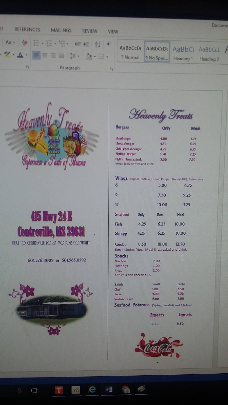 Heavenly Treats | restaurant | 415 MS-24, Centreville, MS 39631, USA | 6018903070 OR +1 601-890-3070