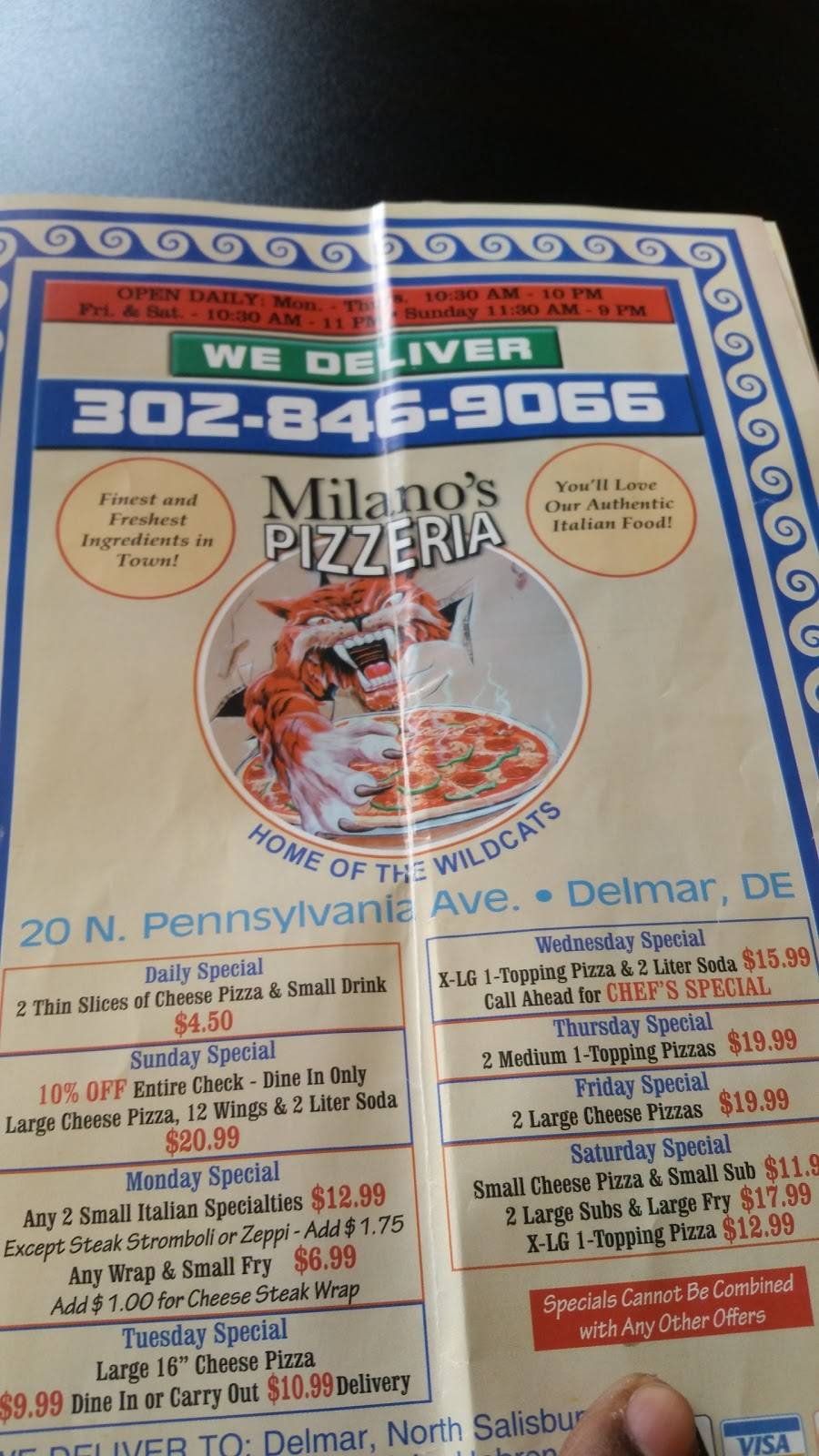 Milanos Pizzeria | restaurant | 18 N Pennsylvania Ave, Delmar, DE 19940, USA | 3028469066 OR +1 302-846-9066