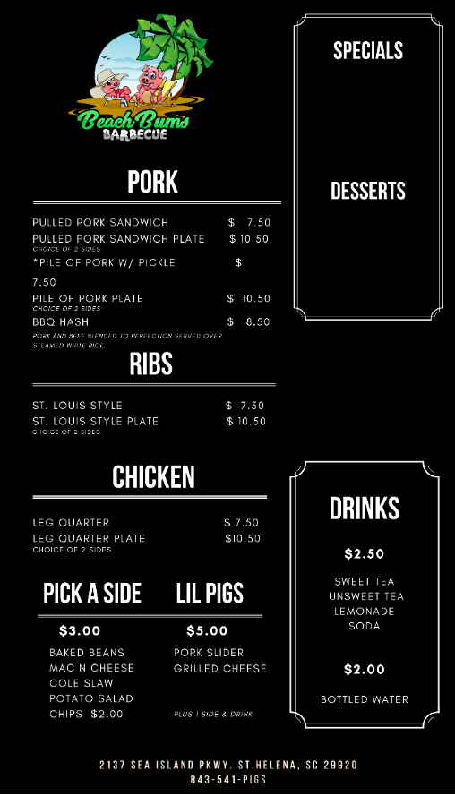 Beach Bums Barbecue | restaurant | 2137 Sea Island Pkwy, St Helena Island, SC 29920, USA | 8435417447 OR +1 843-541-7447