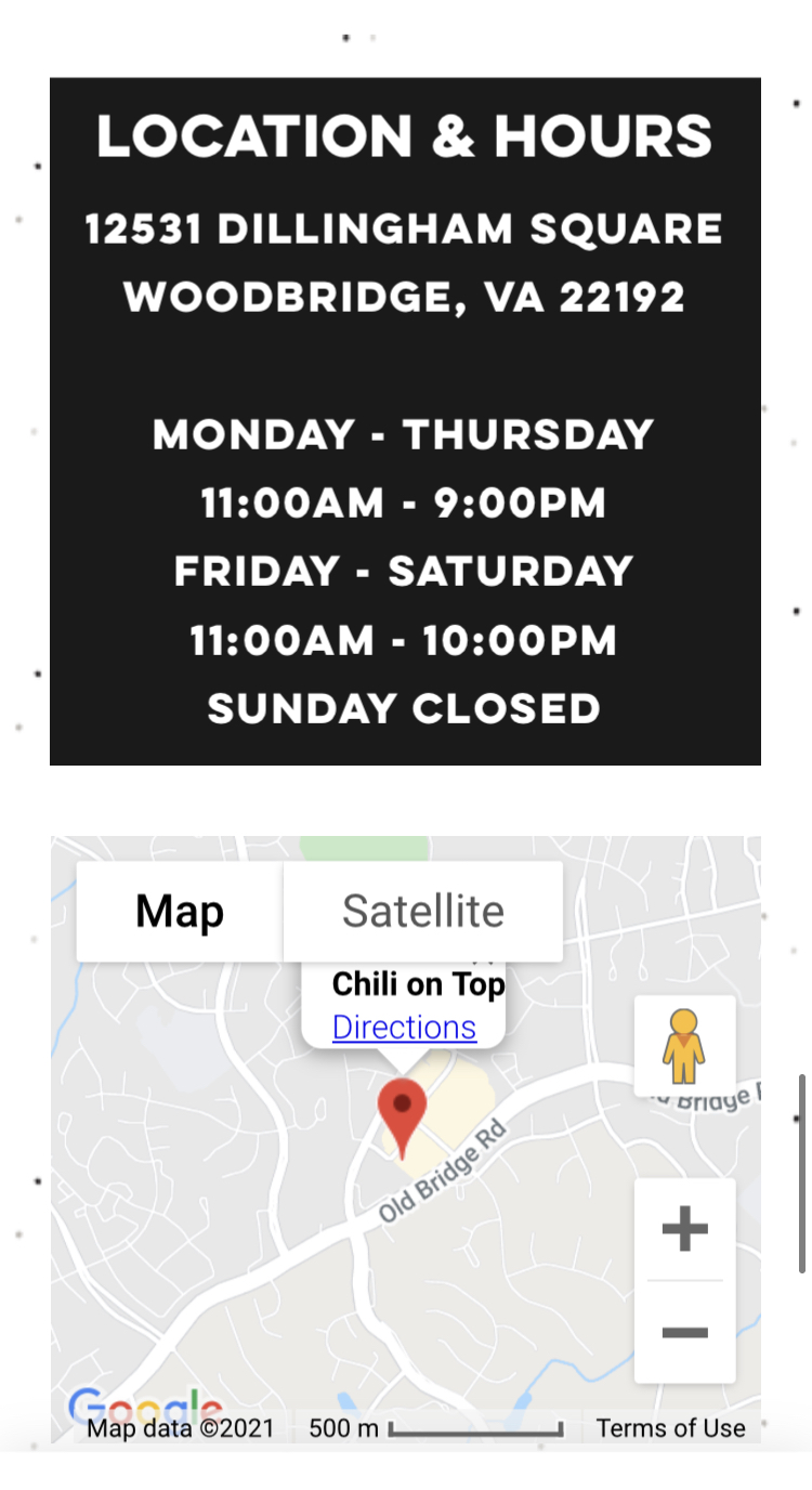 Chili On Top | restaurant | 12531 Dillingham Square, Lake Ridge, VA 22192, USA | 7033387339 OR +1 703-338-7339