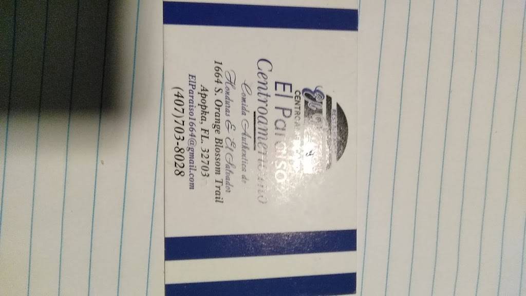 Restaurante El Paraiso Centroamericano | restaurant | 1664 S Orange Blossom Trail, Apopka, FL 32703, USA | 4077038028 OR +1 407-703-8028