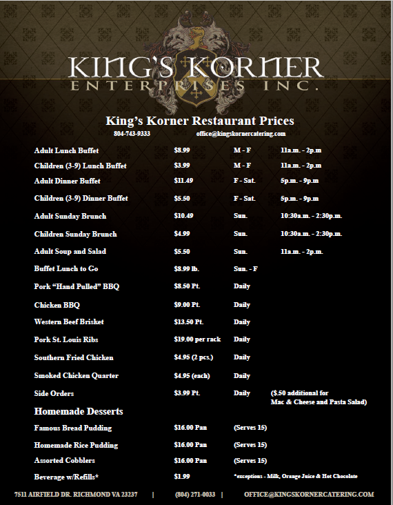 Kings Korner Catering | restaurant | 7511 Airfield Dr, North Chesterfield, VA 23237, USA | 8042710033 OR +1 804-271-0033