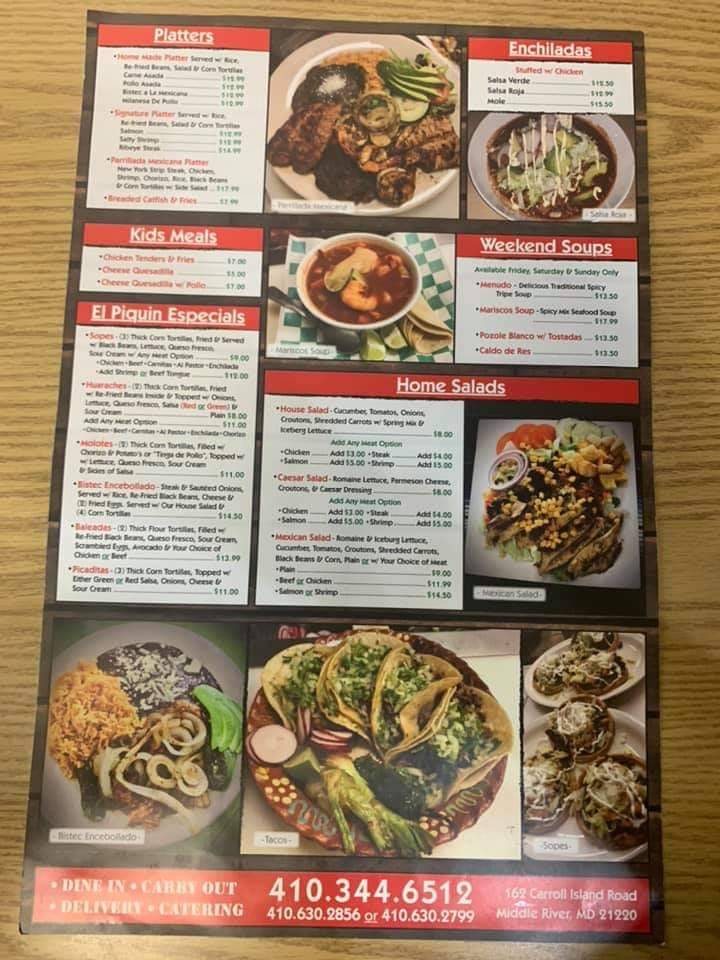 El Piquin Restaurant 2 | restaurant | 162 Carroll Island Rd, Middle River, MD 21220, USA | 4103446512 OR +1 410-344-6512
