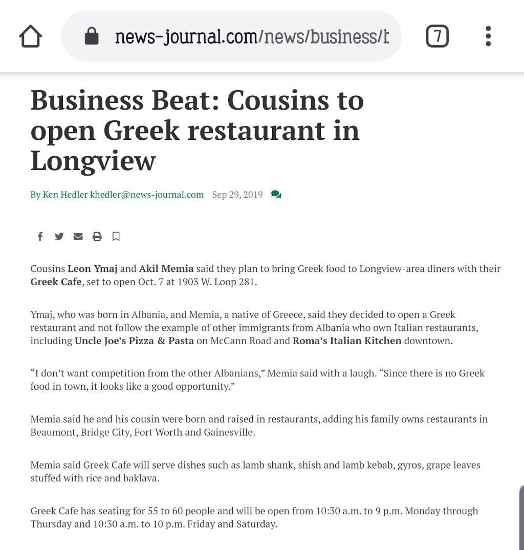 Greek Cafe | restaurant | 1903 TX-281 Loop, Longview, TX 75604, USA | 9032952233 OR +1 903-295-2233