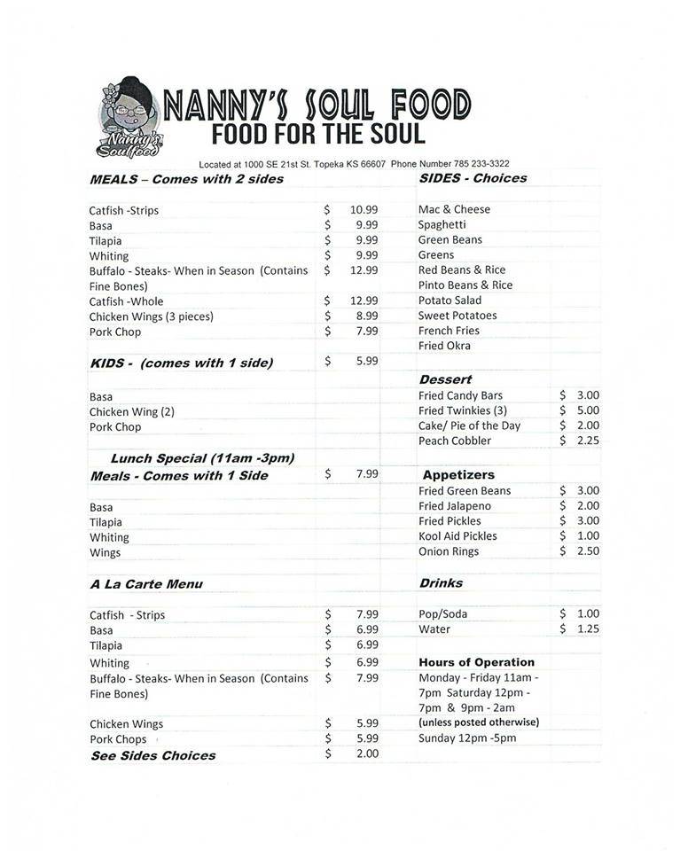 Nannys Soul Food | restaurant | 2410 SE 6th Ave, Topeka, KS 66607, USA | 7852333322 OR +1 785-233-3322
