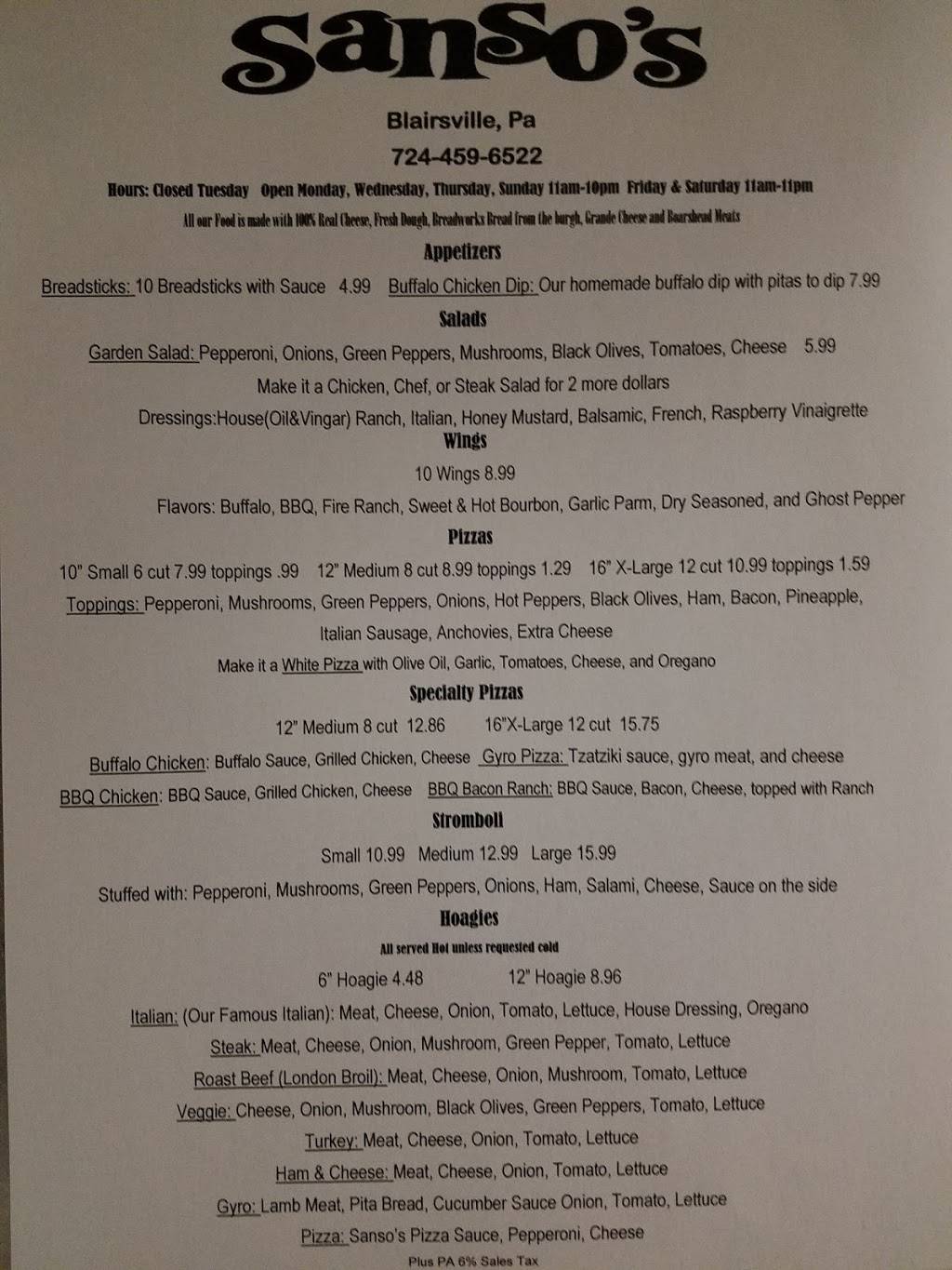 Sansos Pizzeria and 6 Packs | restaurant | 1895 US-22, Blairsville, PA 15717, USA | 7244596522 OR +1 724-459-6522