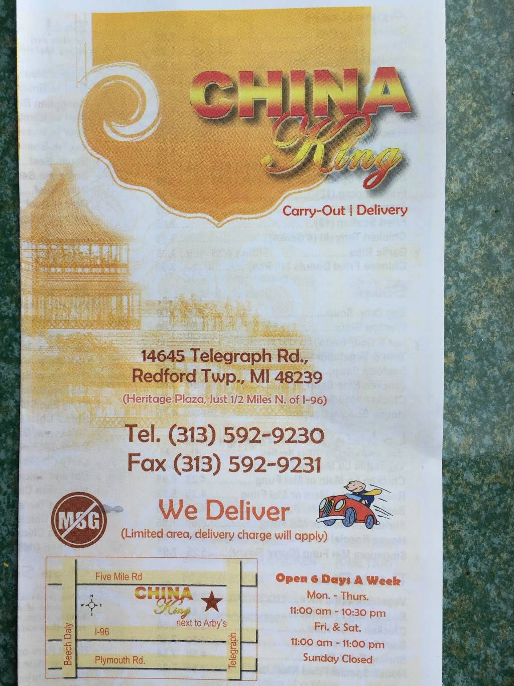 China King | restaurant | 14645 Telegraph Rd, Redford Charter Twp, MI 48239, USA | 3135929231 OR +1 313-592-9231