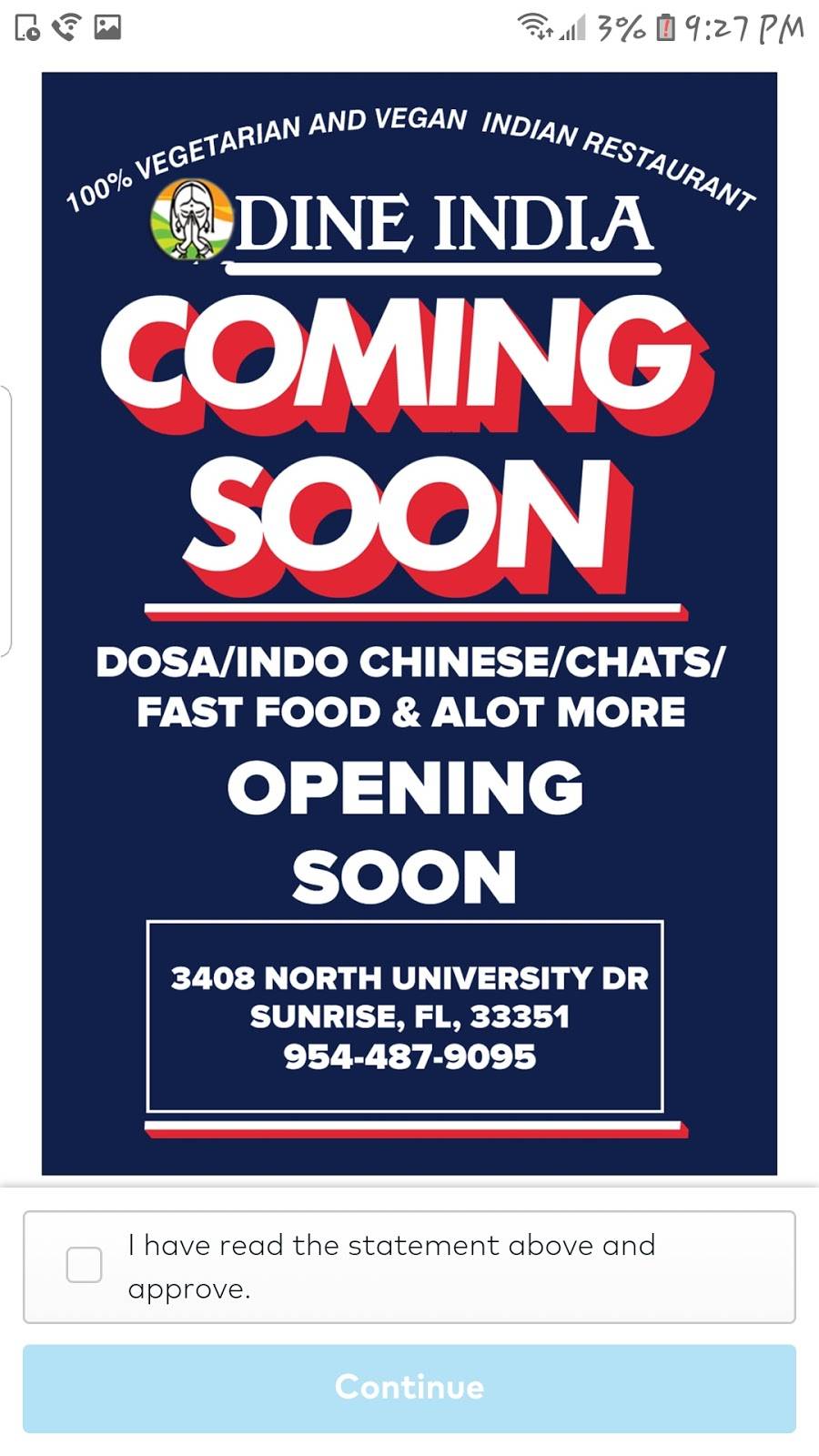 Dine india | restaurant | 3408 b N University Dr, Sunrise, FL 33351, USA | 9544879095 OR +1 954-487-9095