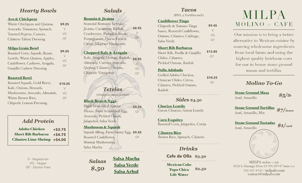 Milpa | cafe | 4226 S Durango Dr Ste 101, Las Vegas, NV 89147, USA | 7022474147 OR +1 702-247-4147
