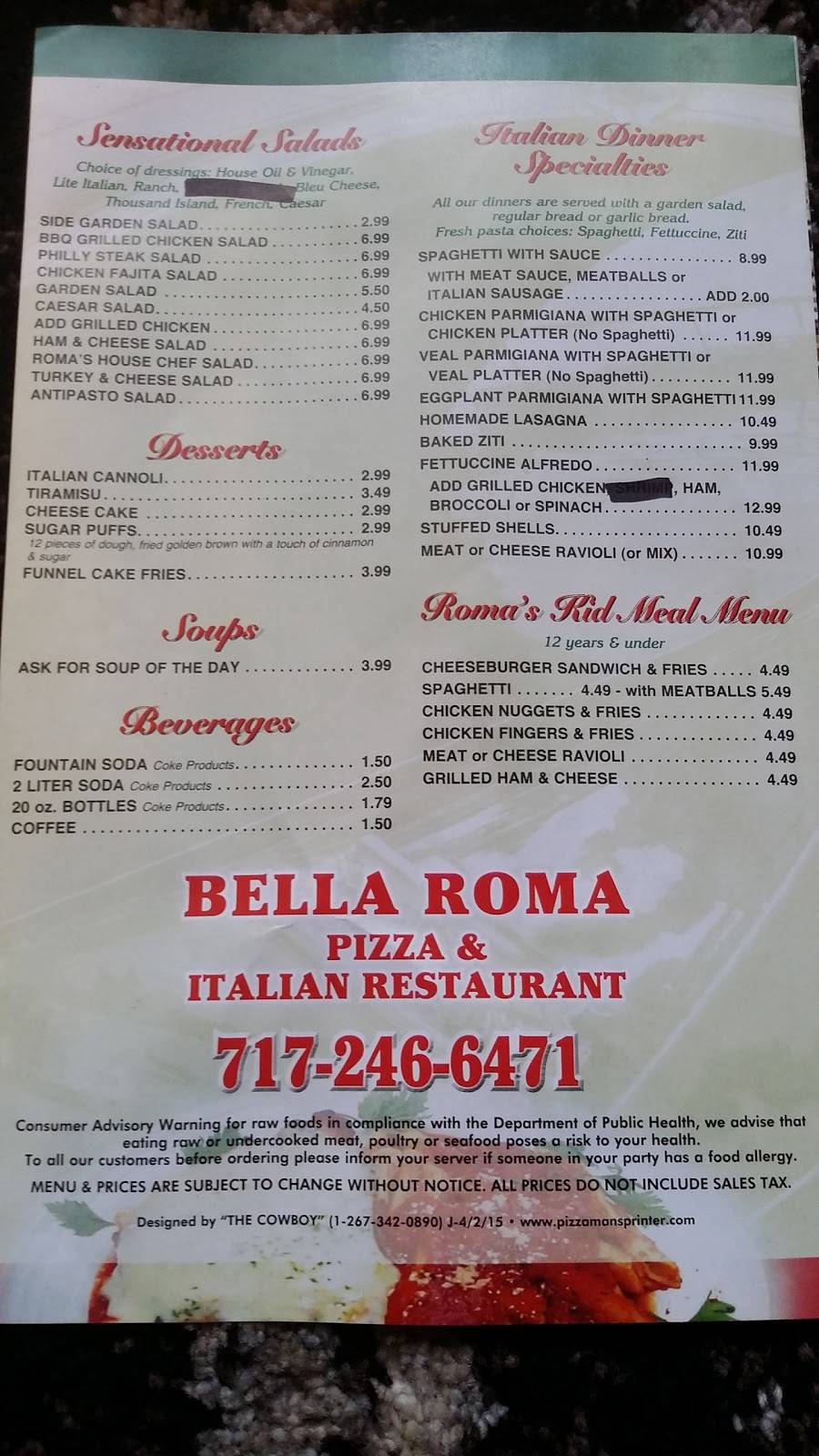 Bella Roma | restaurant | 10887 Oak Ridge Ave, Red Lion, PA 17356, USA | 7172466471 OR +1 717-246-6471