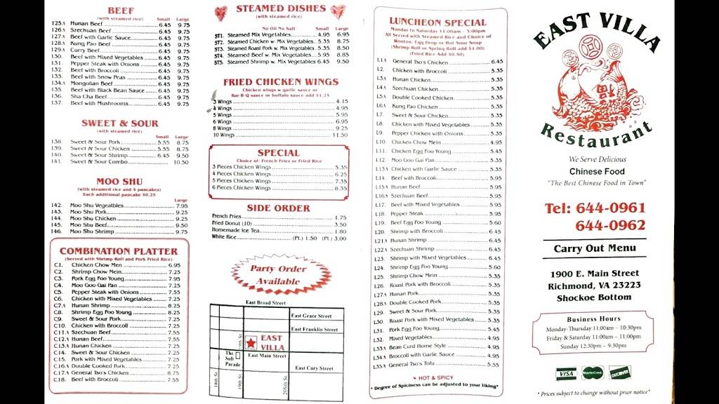 East Villa Restaurant | restaurant | 1900 E Main St, Richmond, VA 23223, USA | 8046440961 OR +1 804-644-0961