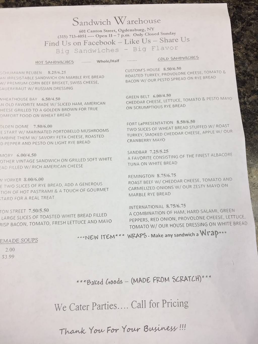 The Sandwich Warehouse | restaurant | 601 Canton St, Ogdensburg, NY 13669, USA | 3157134051 OR +1 315-713-4051