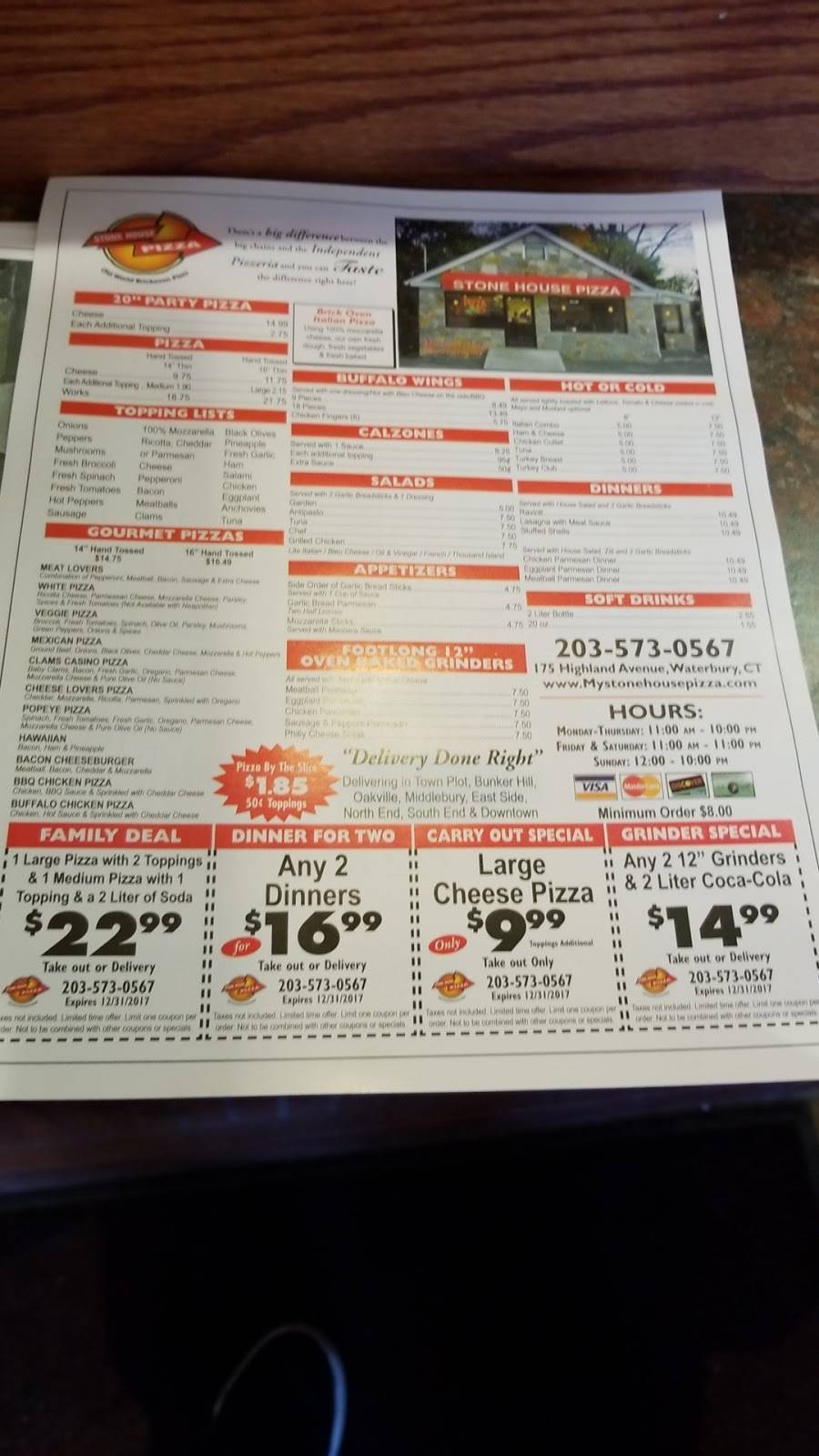 stone house pizza | restaurant | 175 Highland Ave, Waterbury, CT 06708, USA | 2035730567 OR +1 203-573-0567