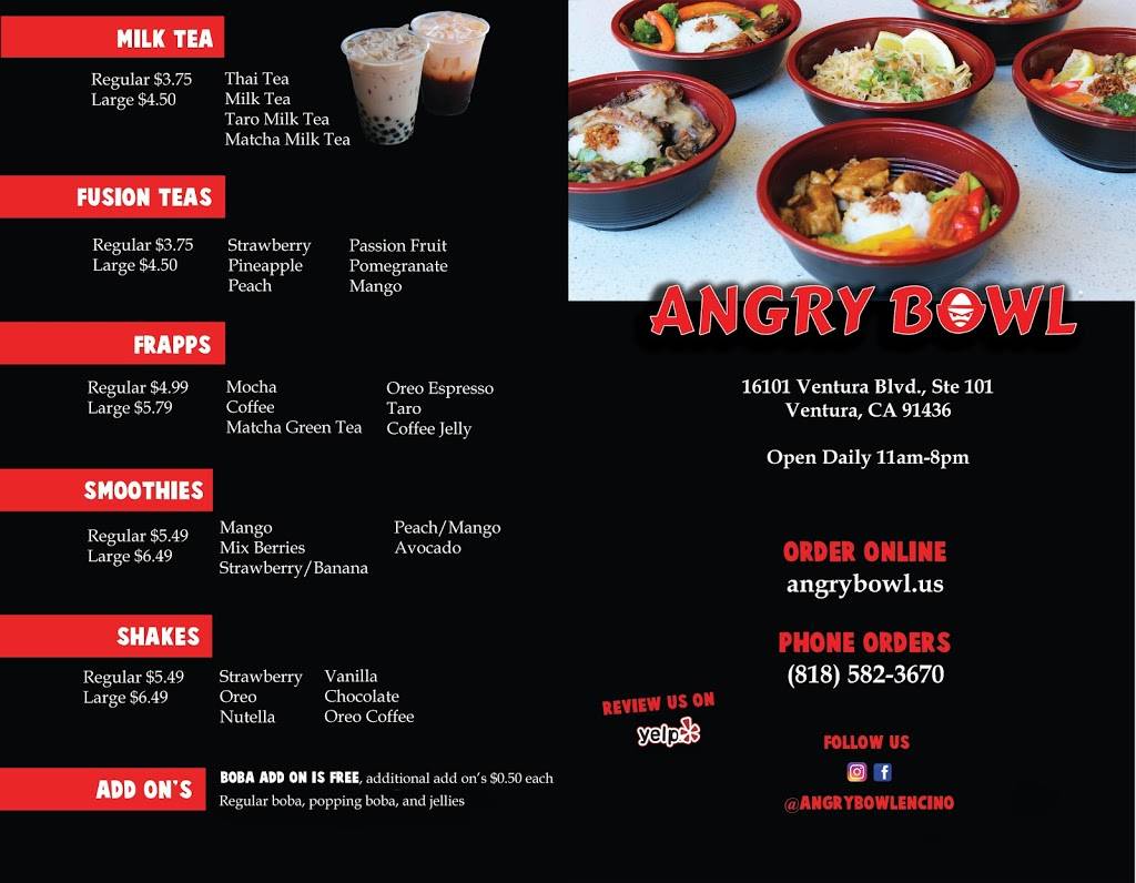 Angry Bowl | restaurant | 16101 Ventura Blvd Ste 101, Encino, CA 91436, USA | 8185823670 OR +1 818-582-3670