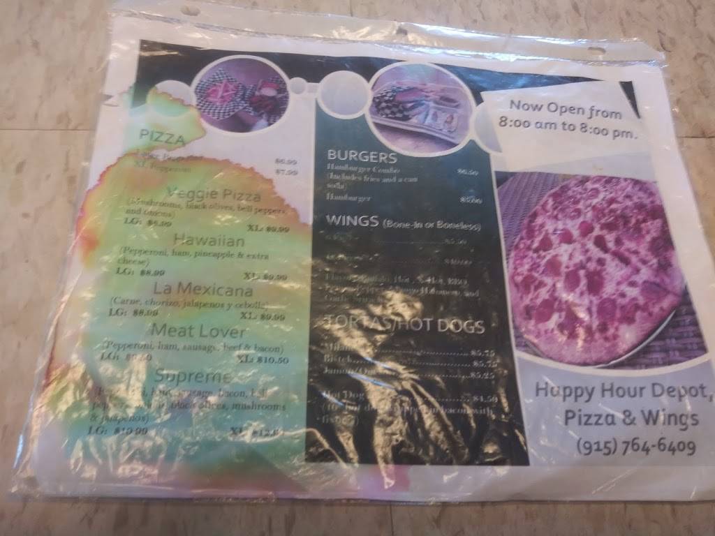 Happy hour depot pizza & wings. | restaurant | 210 Oil Mill Dr, Tornillo, TX 79853, USA | 9157646409 OR +1 915-764-6409