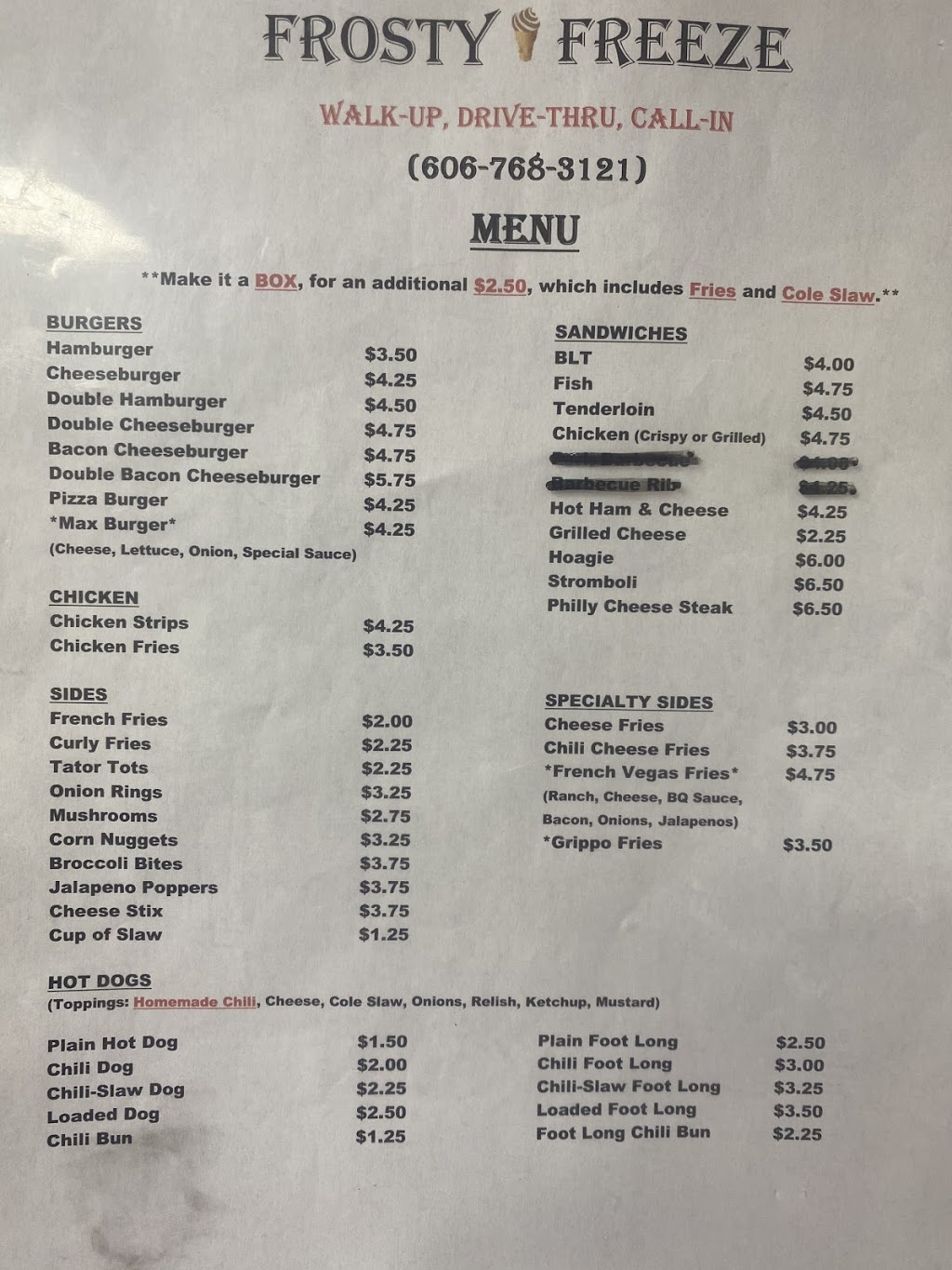 Menifee County Frosty Freeze | restaurant | 1085 Main St, Frenchburg, KY 40322, USA | 6067683121 OR +1 606-768-3121